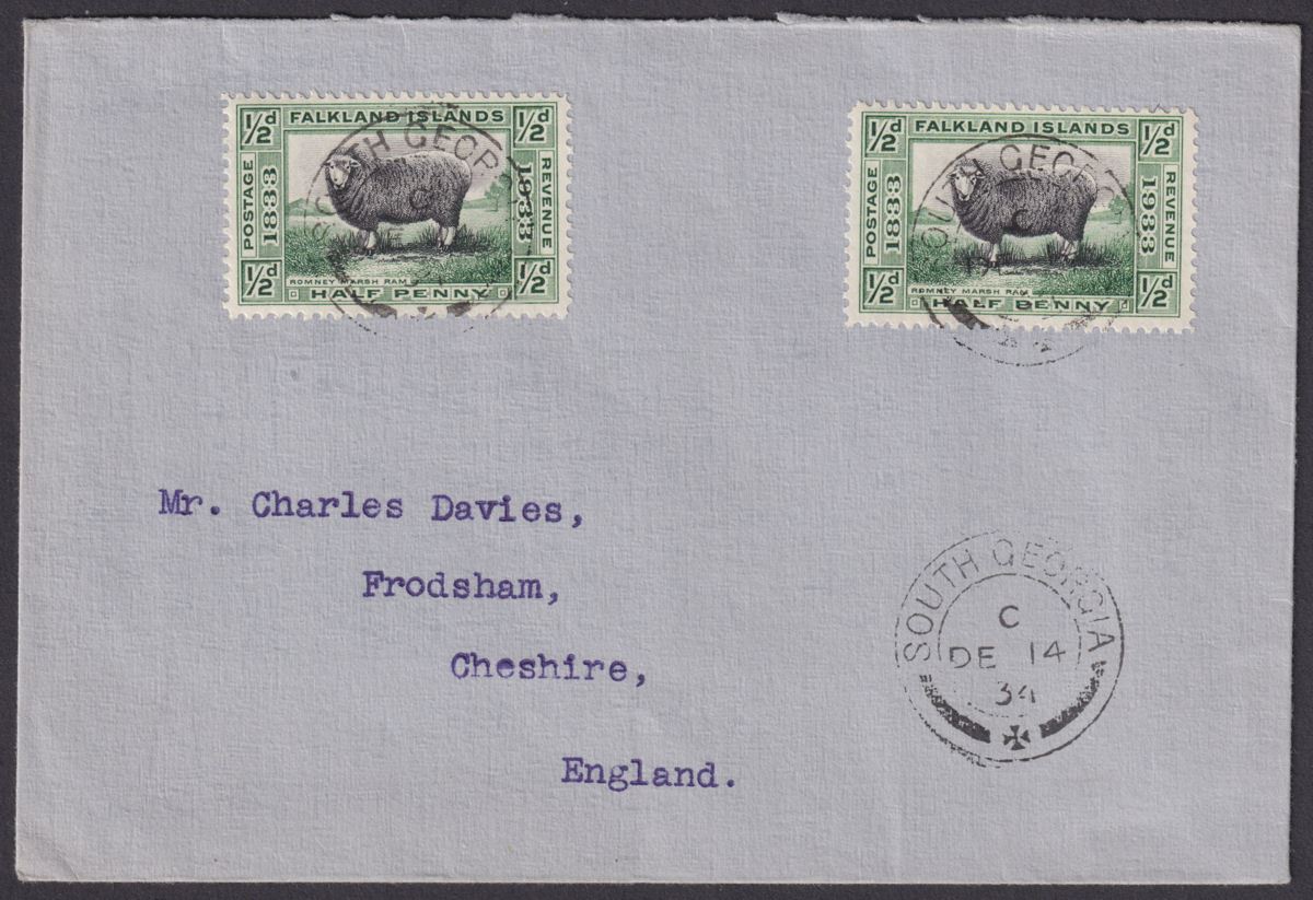 Falkland Islands 1934 KGV Centenary ½d x 2 Used Cover SOUTH GEORGIA Pmk SG Z54