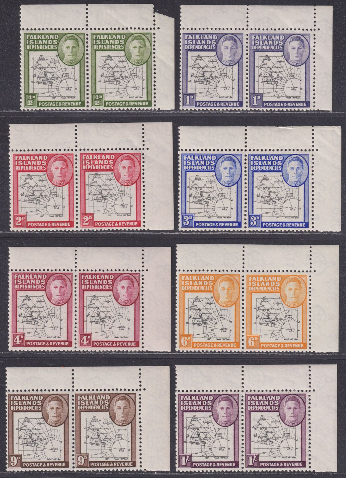 Falkland Islands Dependencies 1946 KGVI Thick Map Gap Pairs Set Mint SG G1-G8a
