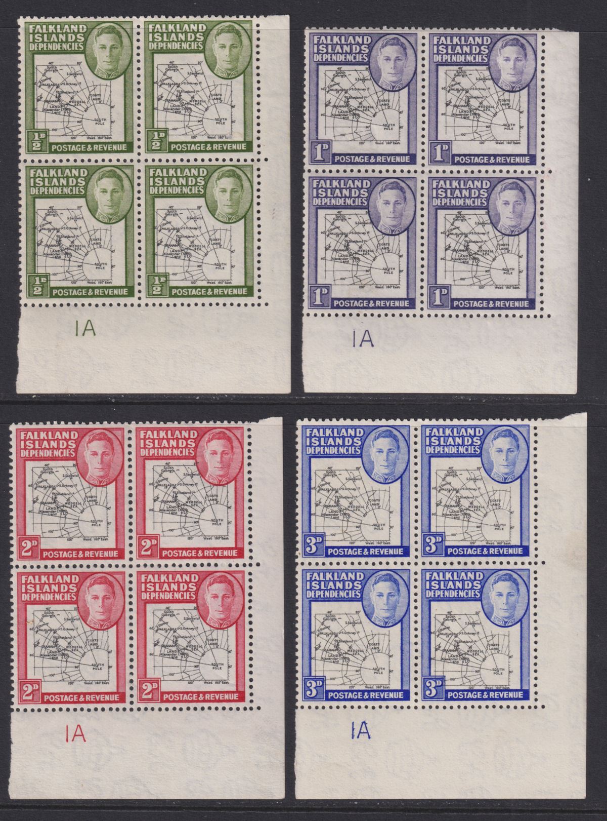 Falkland Islands Dependencies 1946 KGVI Thick Map Gap Block Set Mint SG G1-G8a