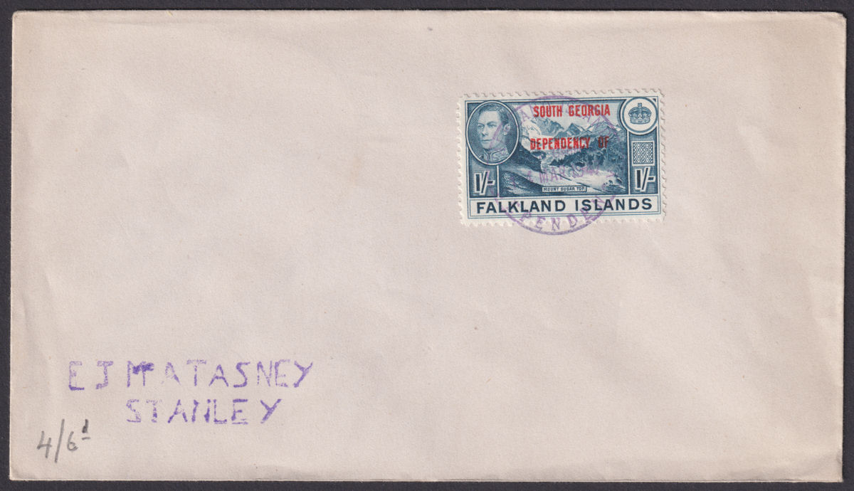 Falkland Islands Dependencies 1947 KGVI South Georgia 1sh Opt Used on Cover