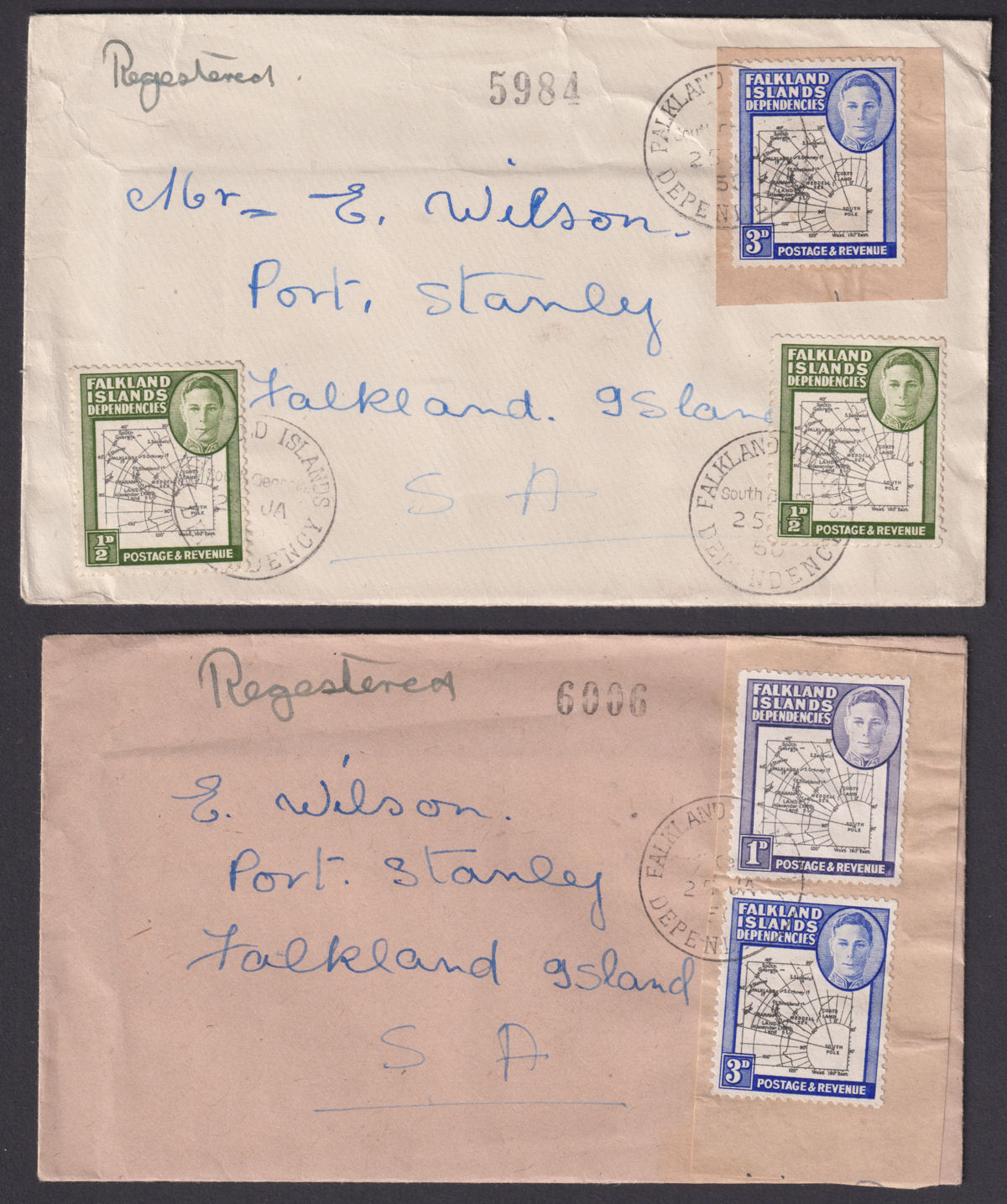 Falkland Islands Dependencies 1950 KGVI Thick Map Set Used on Cover Selection