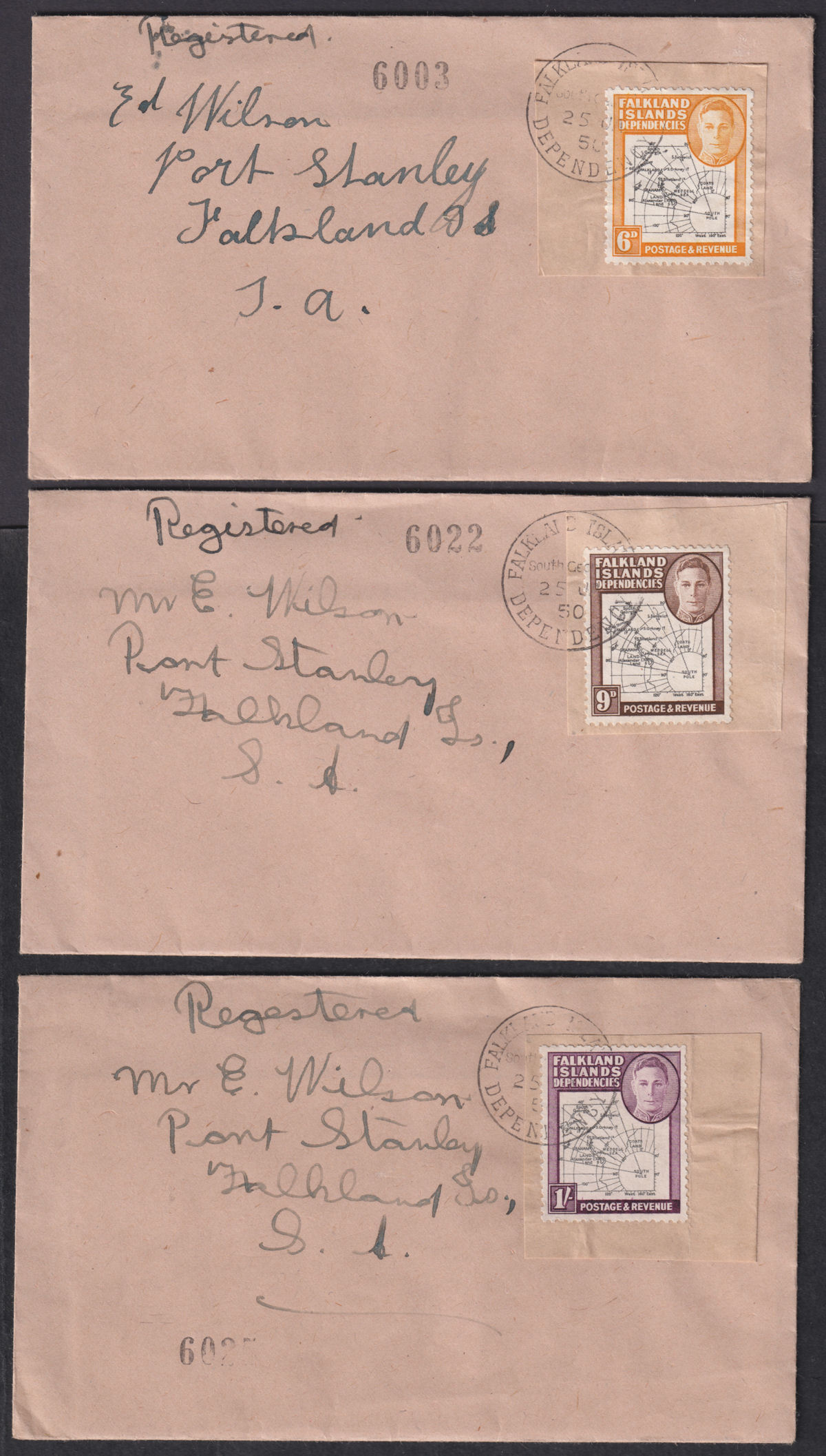 Falkland Islands Dependencies 1950 KGVI Thick Map Set Used on Cover Selection