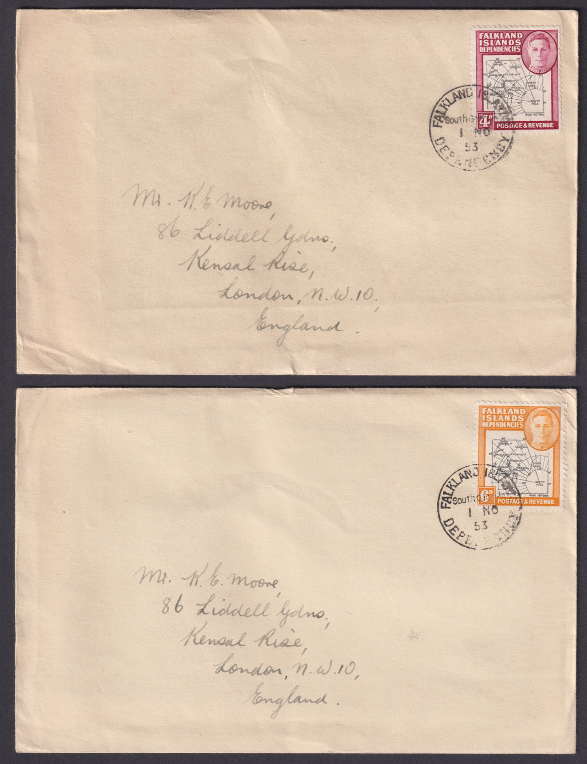 Falkland Islands Dependencies 1953 KGVI Map Selection to 1sh Used on 8 Covers