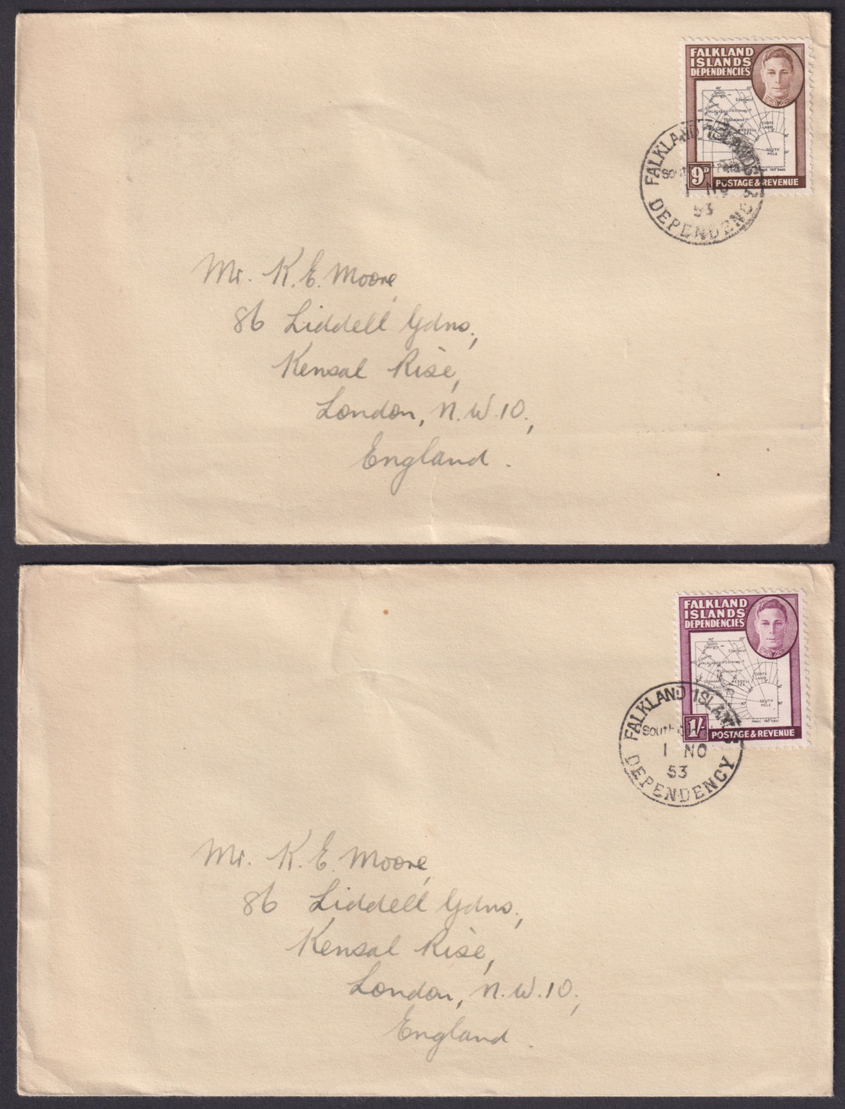 Falkland Islands Dependencies 1953 KGVI Map Selection to 1sh Used on 8 Covers