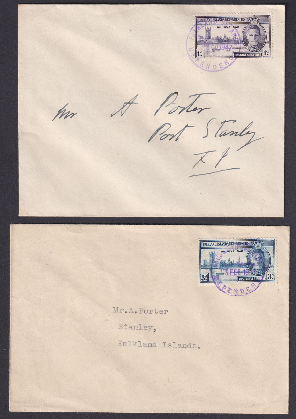 Falkland Islands Dependencies 1947 KGVI Victory 1d 3d Used Covers SOUTH ORKNEYS