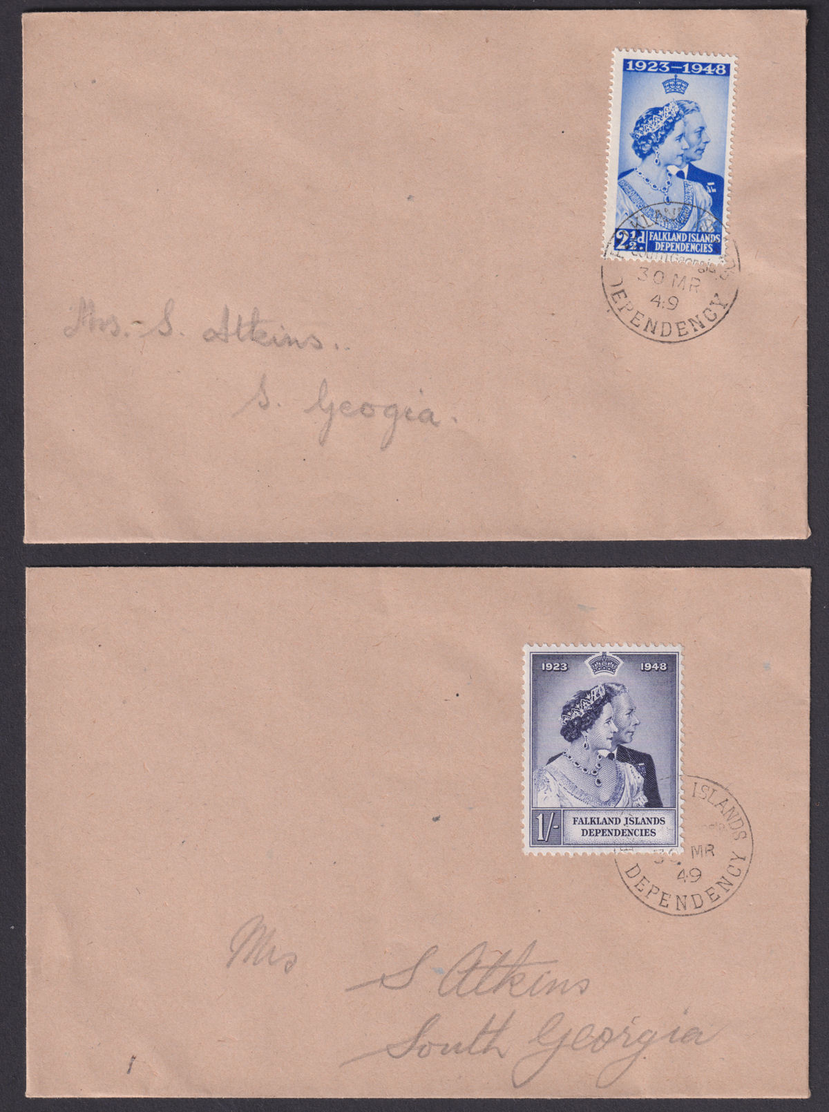Falkland Islands Dependencies 1949 KGVI Royal Silver Wedding 2½d 1sh Covers Used