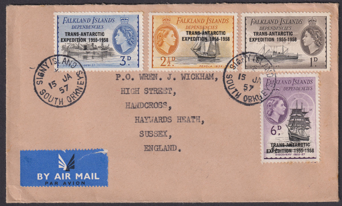 Falkland Islands Deps 1957 QEII Trans-Antarctic Exp Used Cover SIGNY ISLAND Pmk