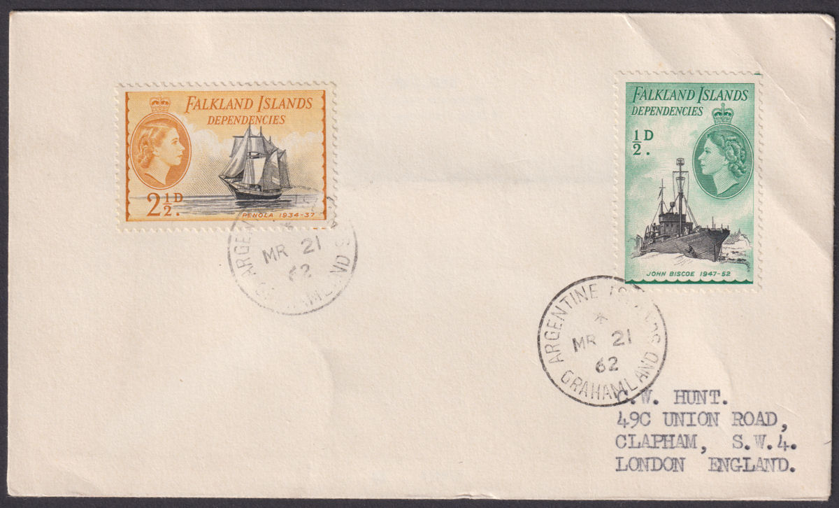Falkland Islands Dependencies 1962 QEII Ships 2½d ½d Used Cover ARGENTINE IS Pmk