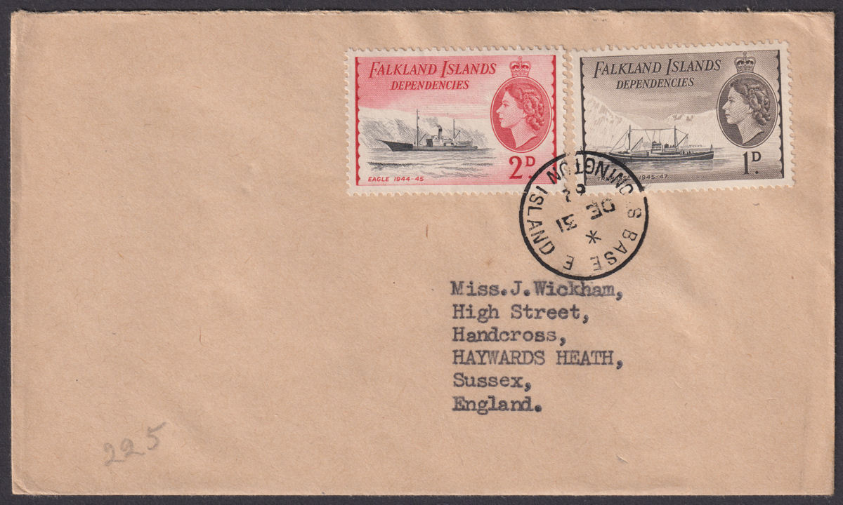 Falkland Islands Dependencies 1962 QEII 2d 1d Used Cover BASE E / STONINGTON IS