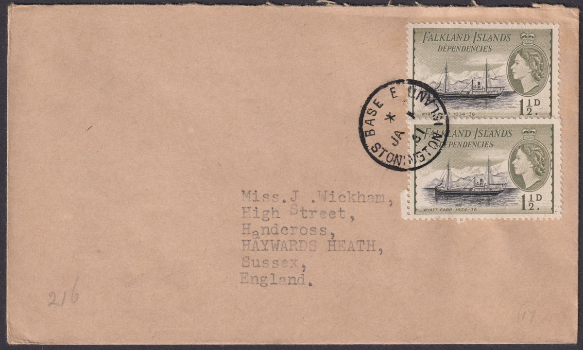Falkland Islands Dependencies 1961 QEII 1½d x2 Used Cover BASE E / STONINGTON IS