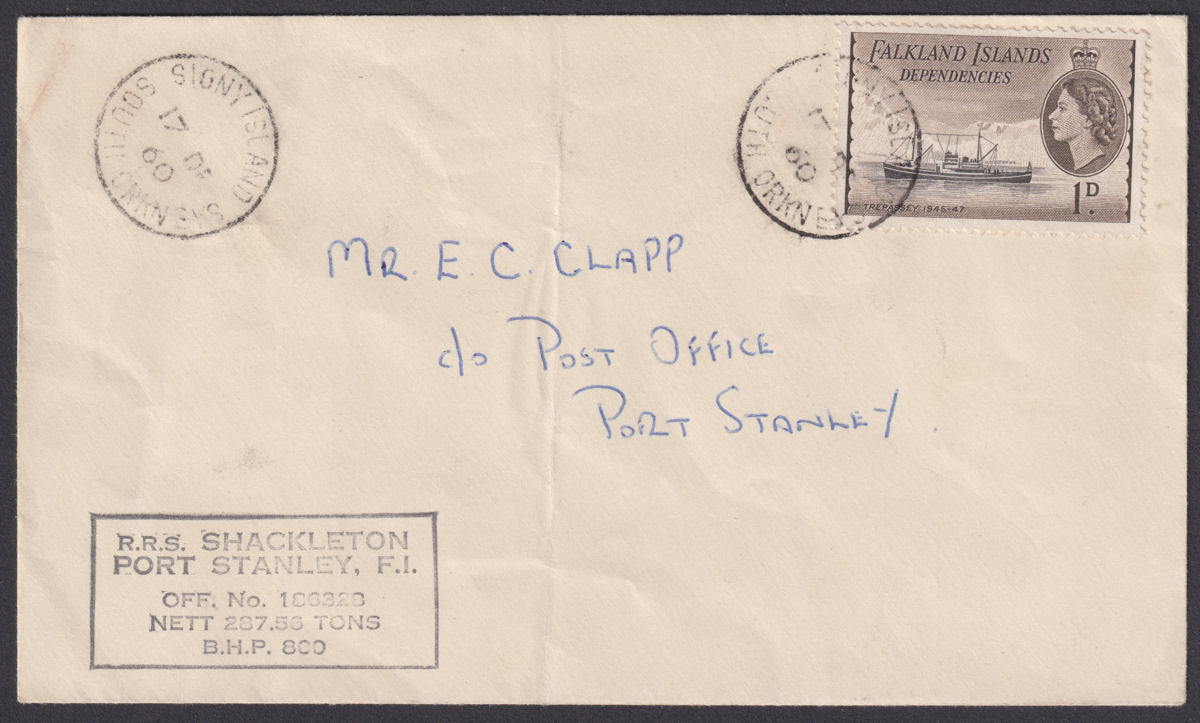 Falkland Islands Dependencies 1960 QEII 1d Used Cover SIGNY IS - RRS Shackleton
