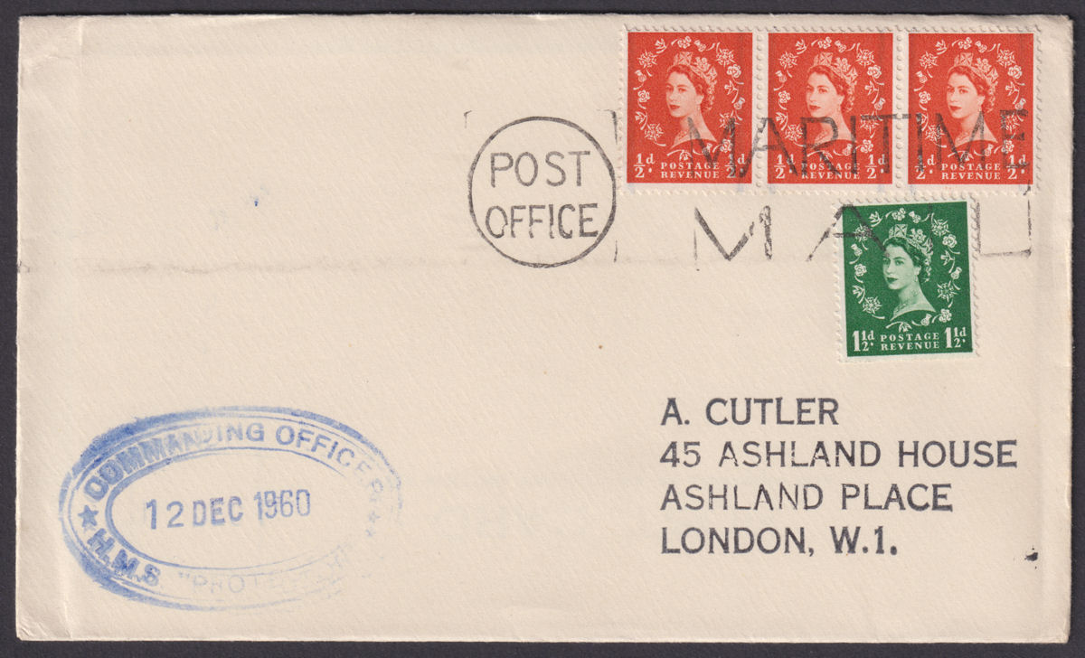 South Georgia 1960 QEII GB 1½d ½d x3 Maritime Mail Cover to UK - HMS PROTECTOR