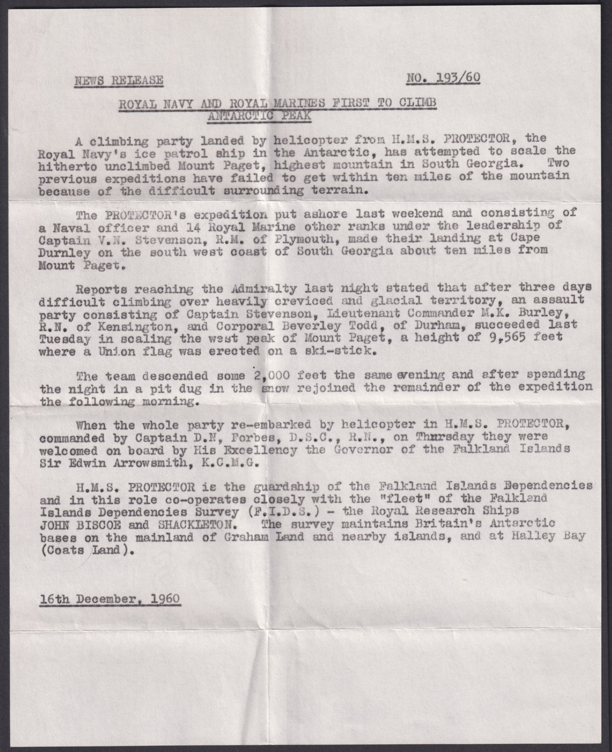 South Georgia 1960 QEII GB 1½d ½d x3 Maritime Mail Cover to UK - HMS PROTECTOR