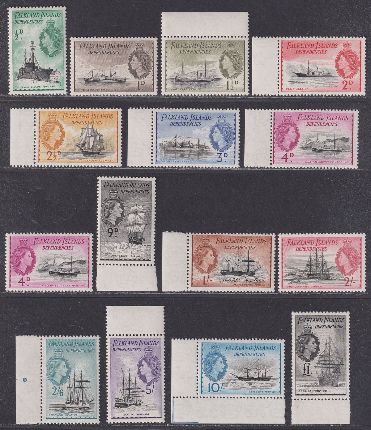 Falkland Islands Dependencies 1954 QEII Ships Set UM Mint SG G26-G40 cat £225
