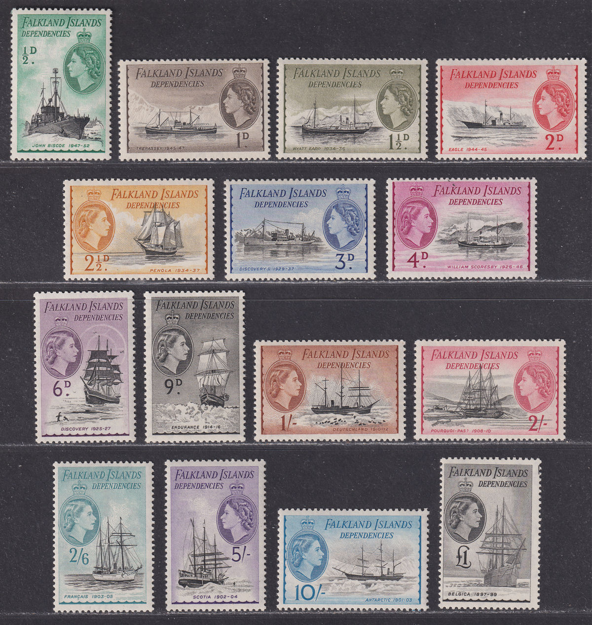 Falkland Islands Dependencies 1954 QEII Ships Set UM Mint SG G26-G40 cat £225
