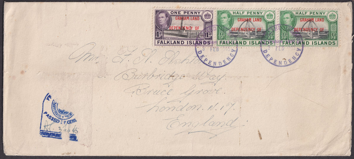 Falkland Islands Dependencies 1945 KGVI Graham Land Opt Censor Cover Used to UK