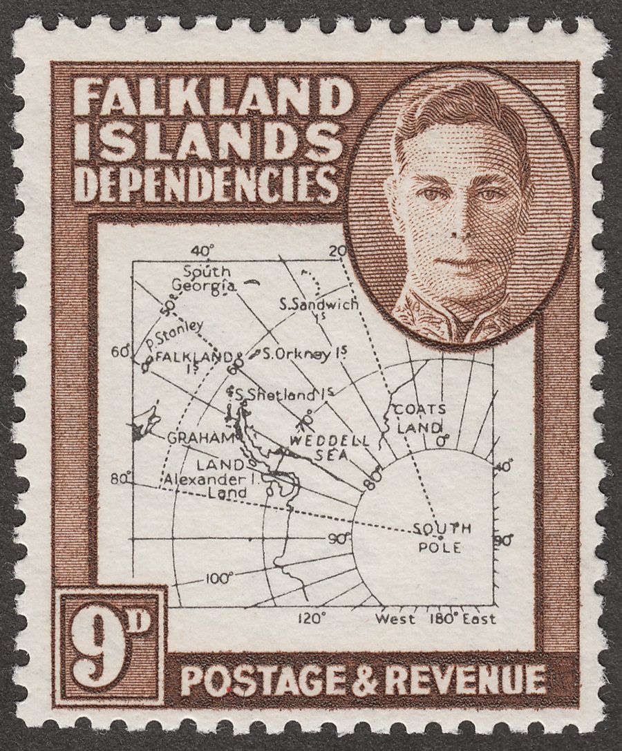 Falkland Islands Dependencies 1948 KGVI Thin Map 9d Dot in T Mint SG G15a