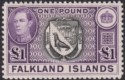 Click for more photos and details Falkland Islands 1938 KGVI £1 Black and Reddish Violet Mint SG163 cat £150+