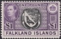 Click for more photos and details Falkland Islands 1938 KGVI £1 Black and Dull Violet Mint SG163 cat £150