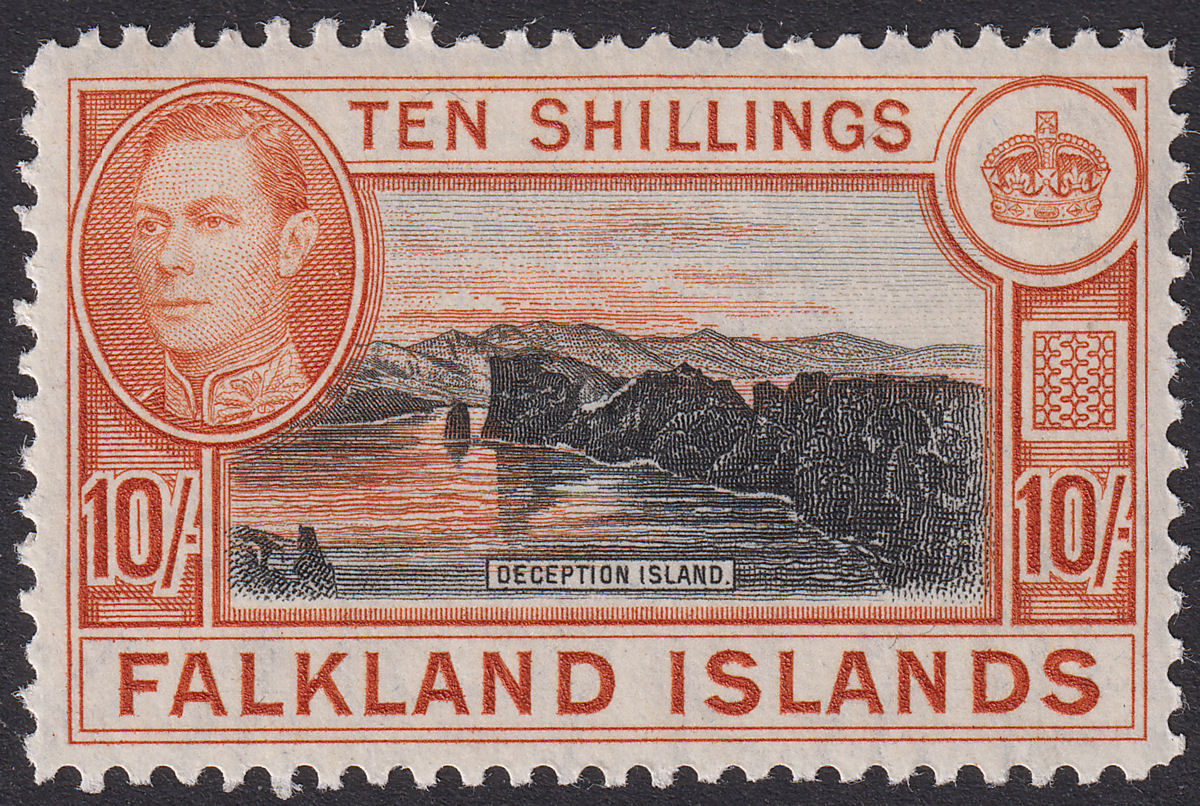 Falkland Islands 1949 KGVI 10sh Black and Red-Orange Mint SG162b cat £140