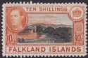 Click for more photos and details Falkland Islands 1949 KGVI 10sh Black and Red-Orange Mint SG162b cat £140