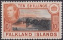 Click for more photos and details Falkland Islands 1938 KGVI 10sh Black and Orange-Brown Mint SG162 cat £200