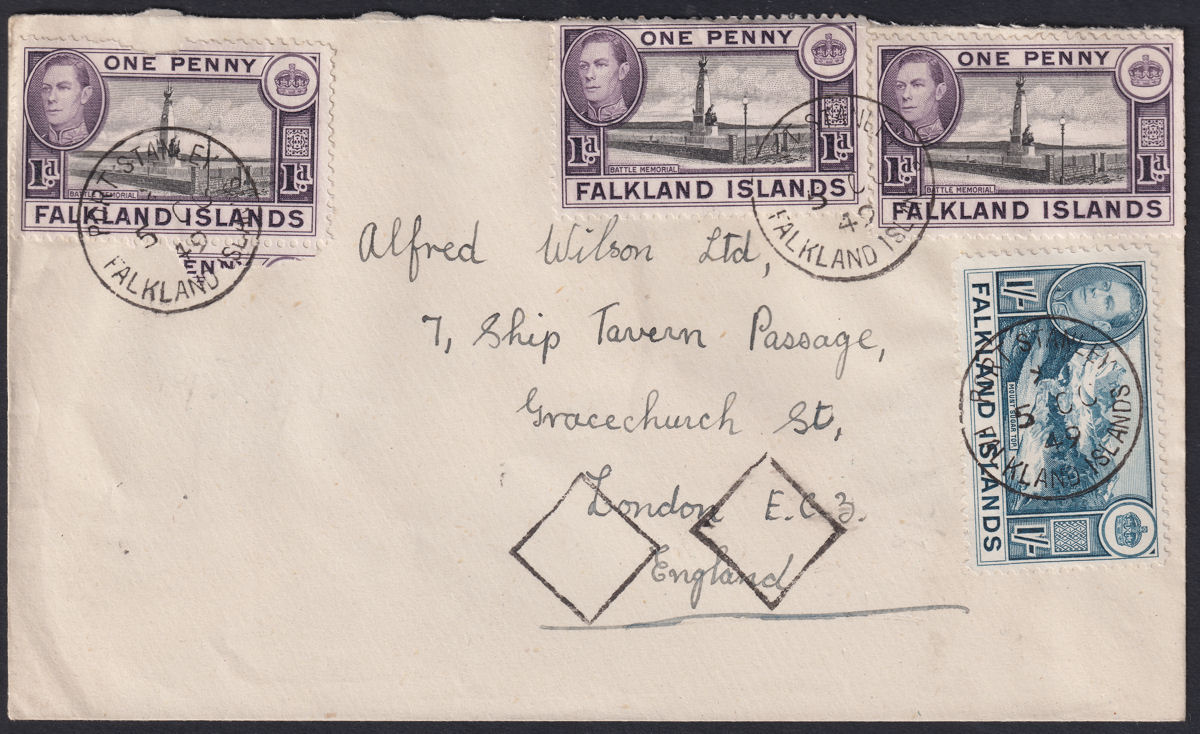 Falkland Islands 1949 KGVI 1sh 1d x3 Used on Air Mail Cover to UK