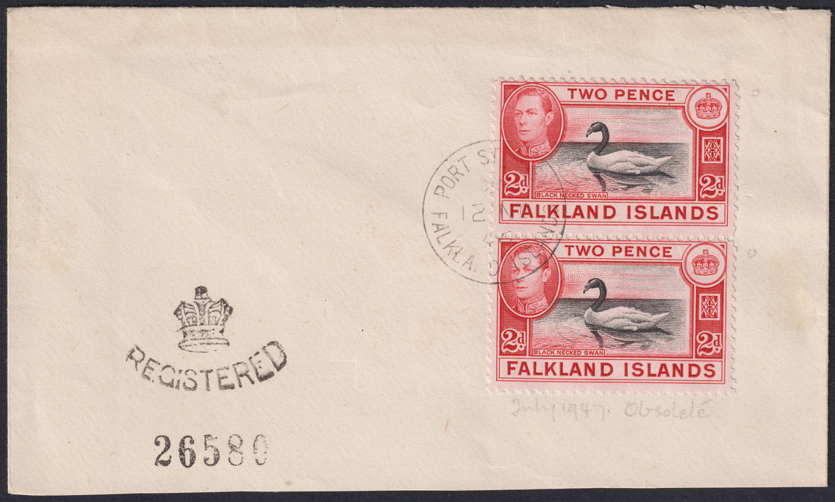 Falkland Islands 1946 KGVI 2d Pair Used on Registered Part Cover with Crown Mark