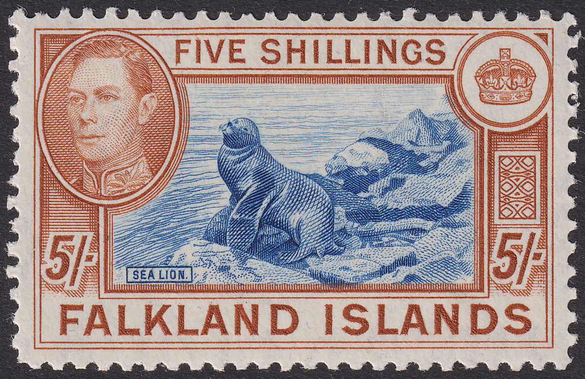 Falkland Islands 1949 KGVI 5sh Dull Blue and Yellow-Brown Mint SG161c cat £140