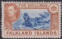 Click for more photos and details Falkland Islands 1949 KGVI 5sh Dull Blue and Yellow-Brown Mint SG161c cat £140