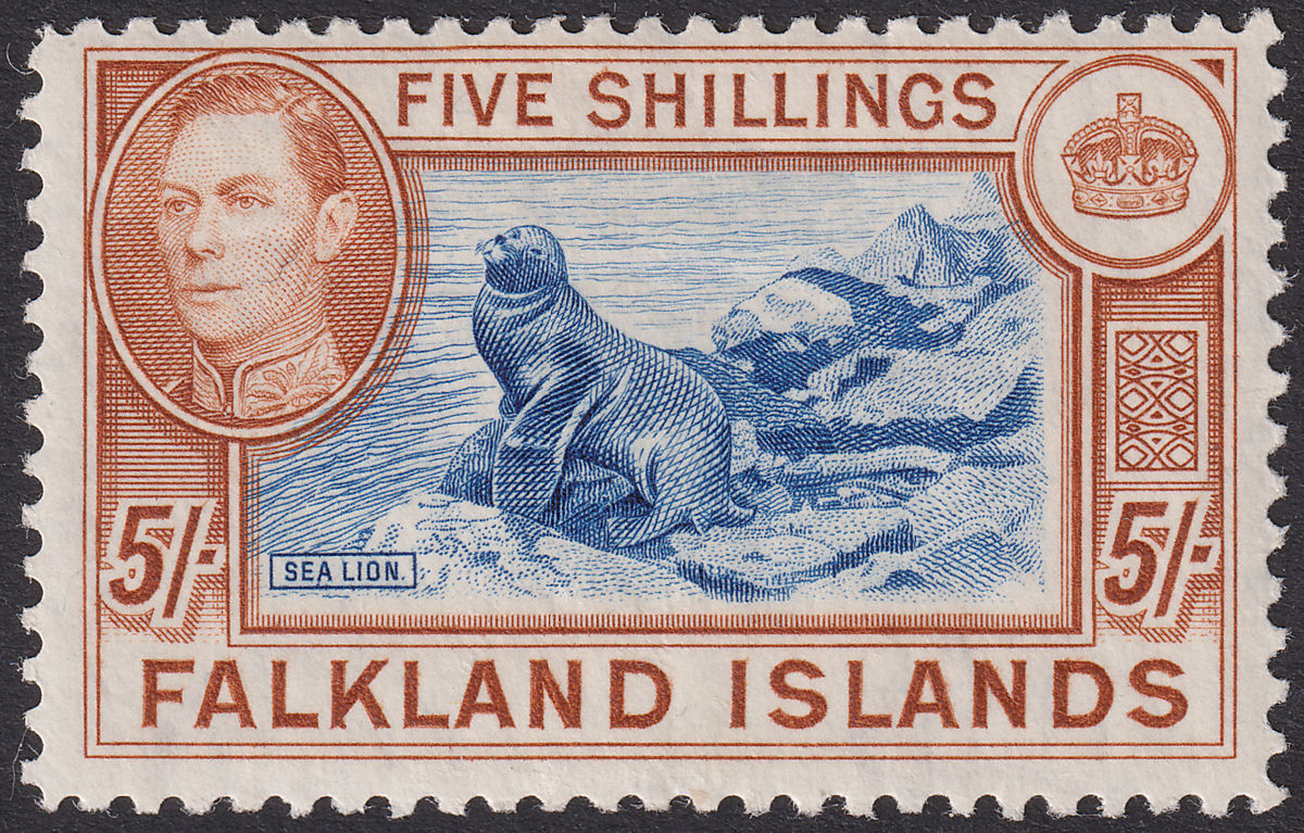 Falkland Islands 1938 KGVI 5sh Blue and Chestnut Mint SG161 cat £160
