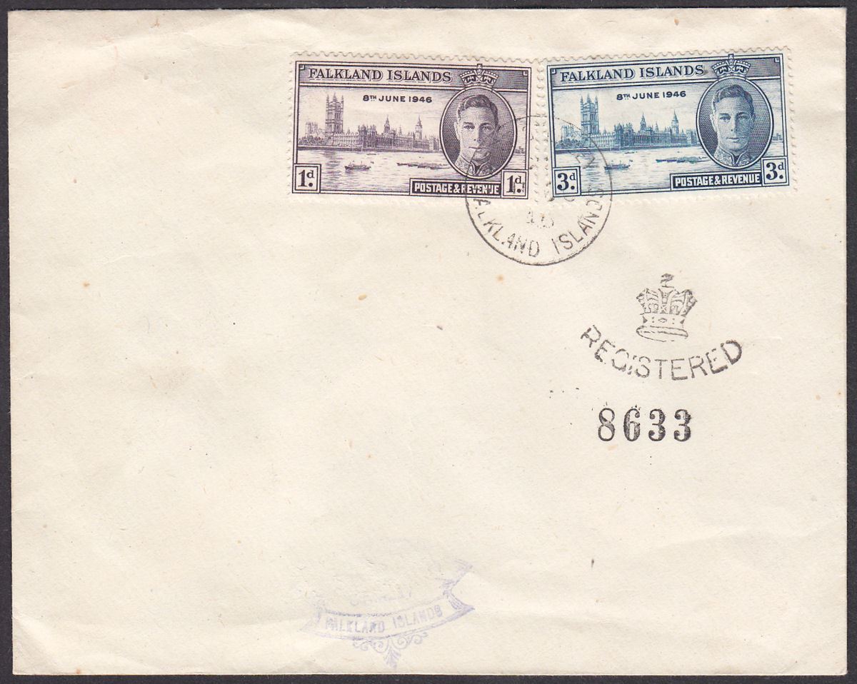 Falkland Islands 1946 KGVI Victory 1d, 3d Used on Unaddressed Registered Cover