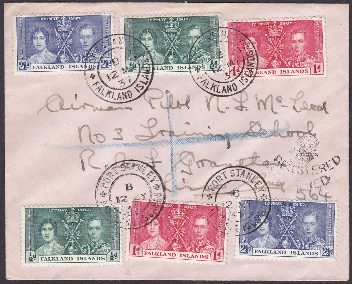 Falkland Islands 1937 KGVI Coronation Registered First Day Cover Used Gibraltar