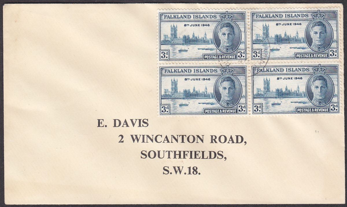 Falkland Islands 1946 KGVI Victory 3d Block Used on Cover Port Stanley to UK
