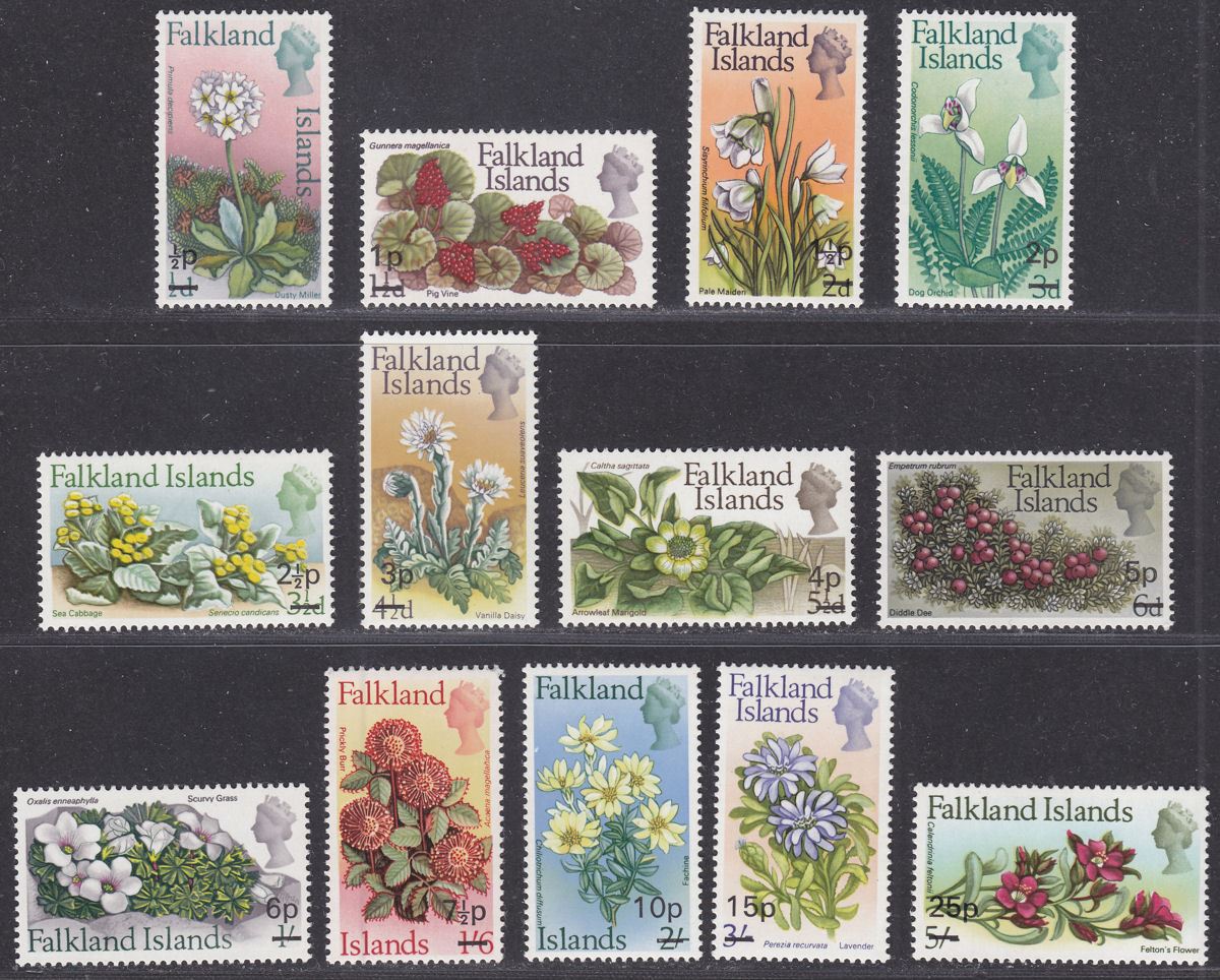 Falkland Islands 1971 QEII Flowers Decimal Surcharge Set Mint SG263-275 cat £25