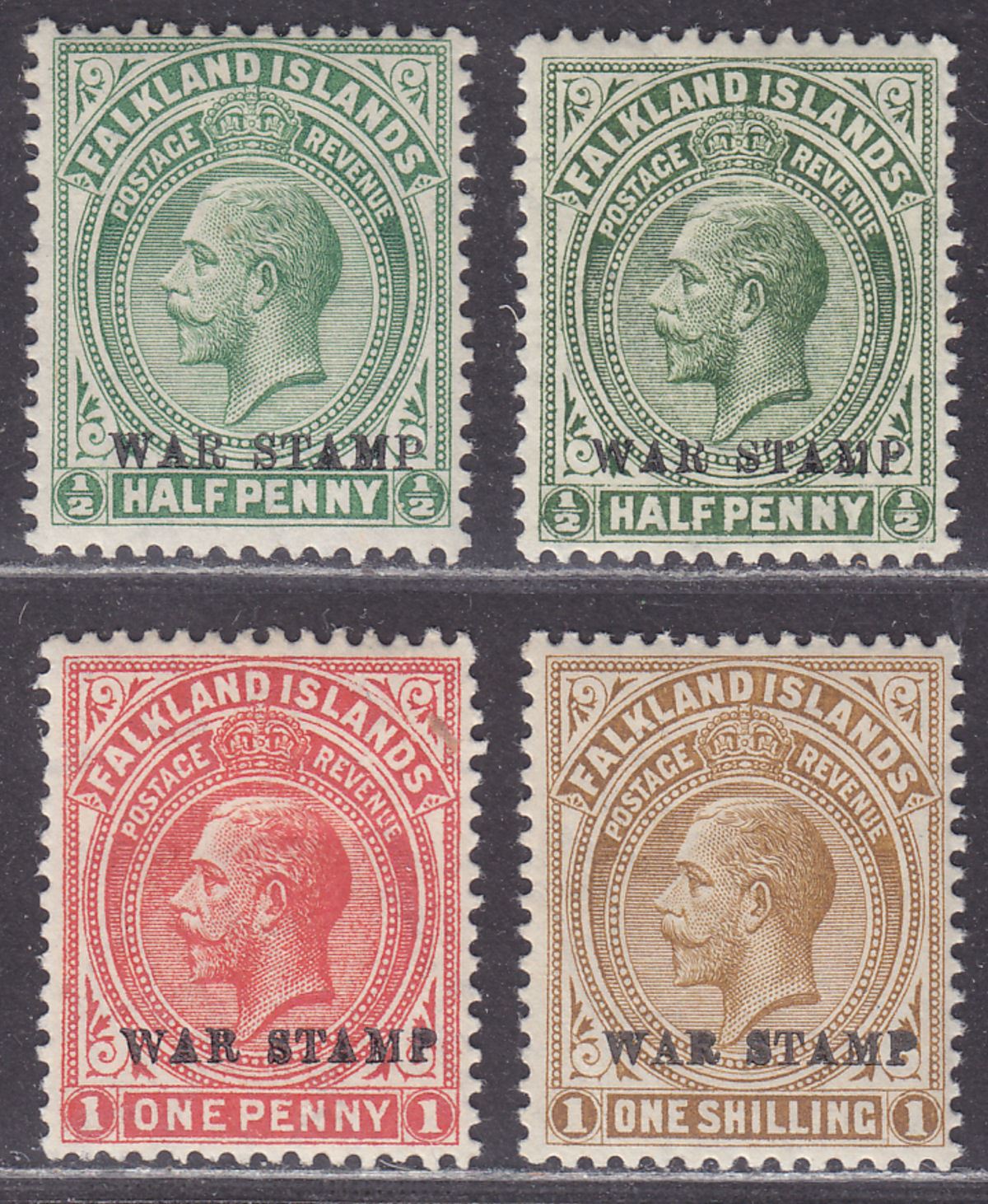 Falkland Islands 1918 KGV War Stamp Overprint ½d x2, 1d, 1sh Mint
