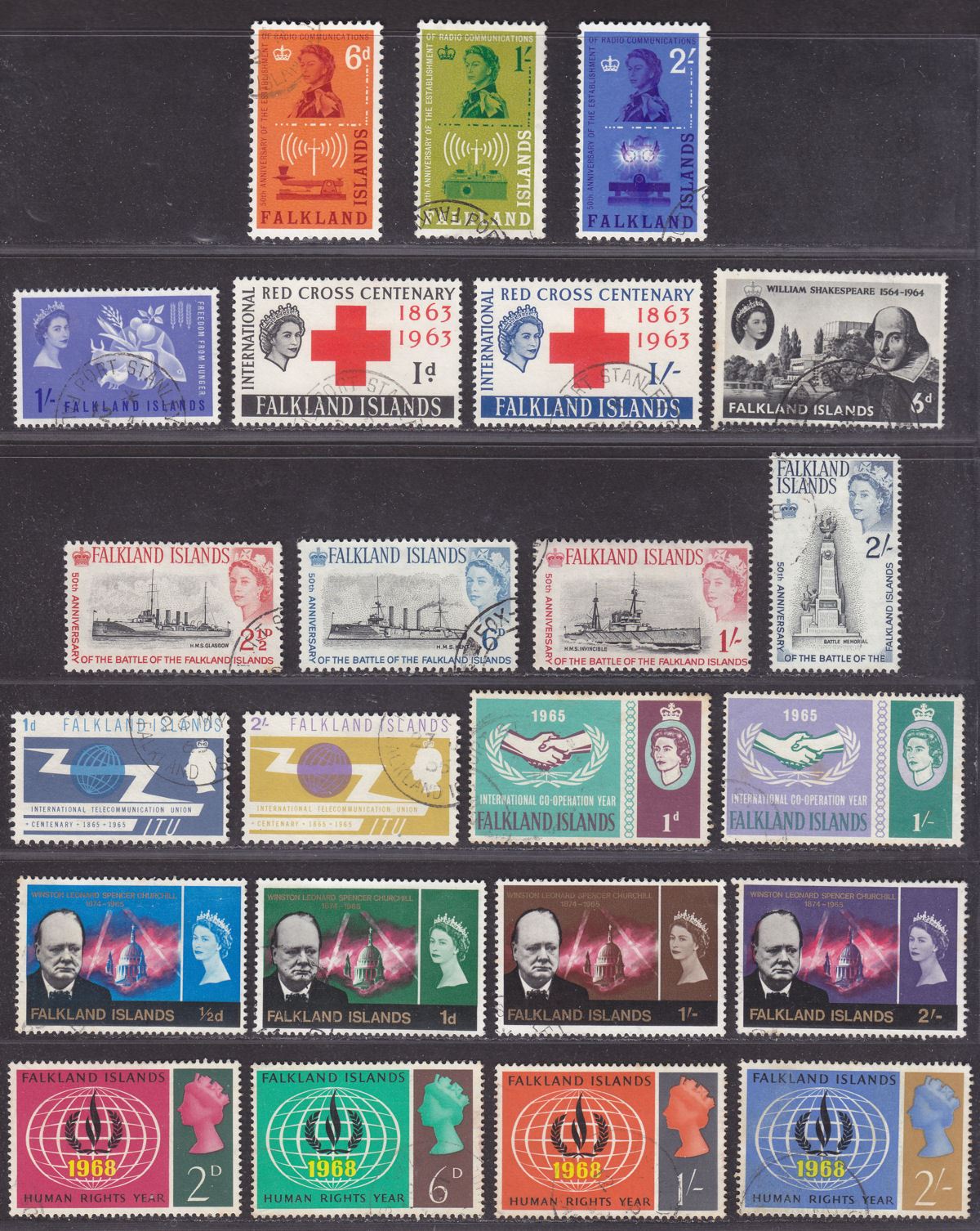 Falkland Islands 1962-68 QEII Used Selection incl Red Cross, Battle, Churchill