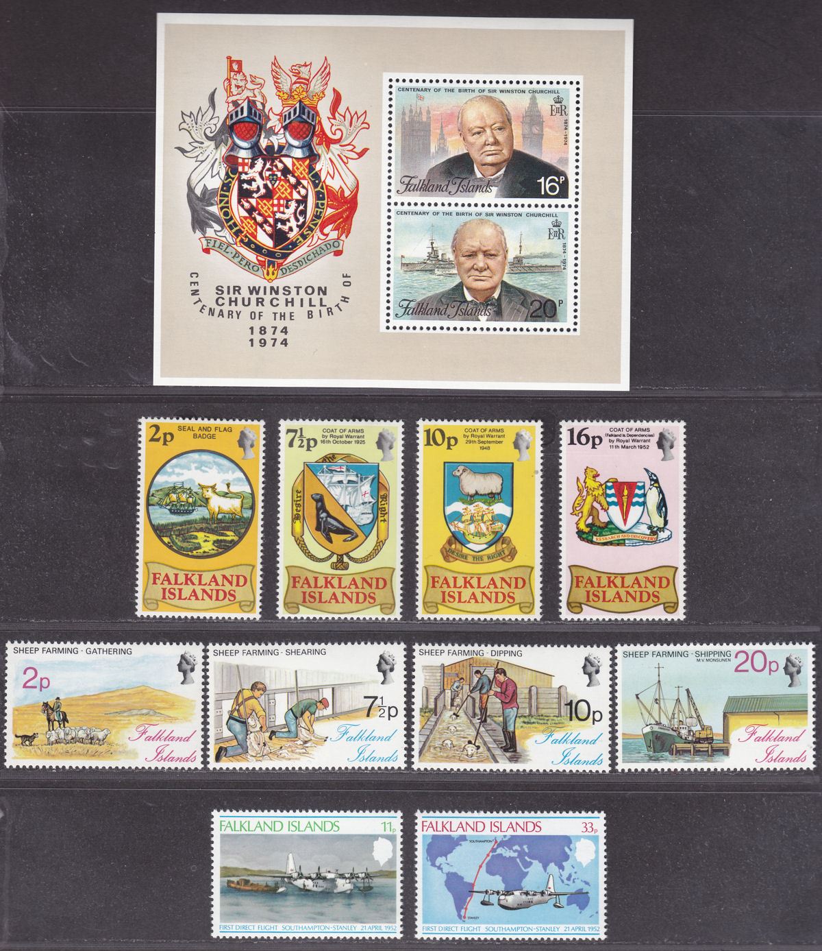 Falkland Islands 1974-79 QEII Mint Selection inc Churchill, Arms, Direct Flight