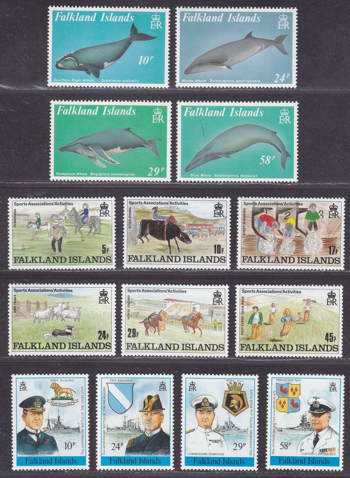 Falkland Islands 1989 QEII Whales, Sports Associations, Battle Anniv Sets Mint