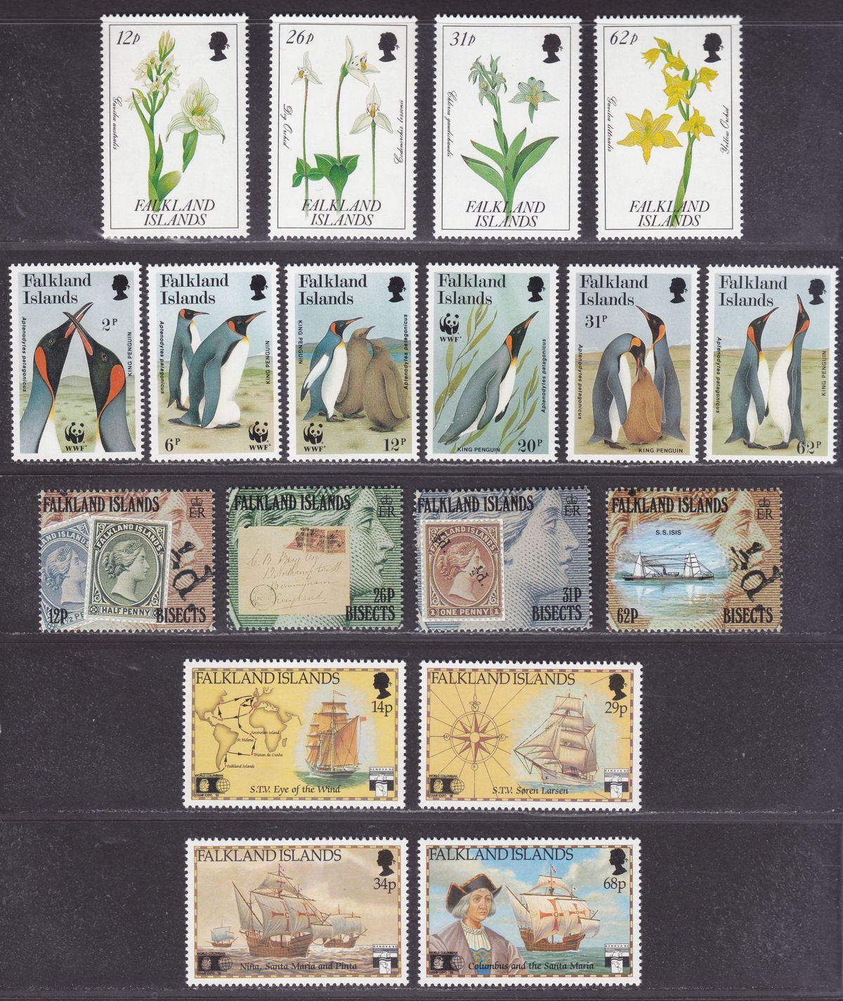 Falkland Islands 1991 QEII Selection Mint Orchids, Penguins, Bisects, Columbus