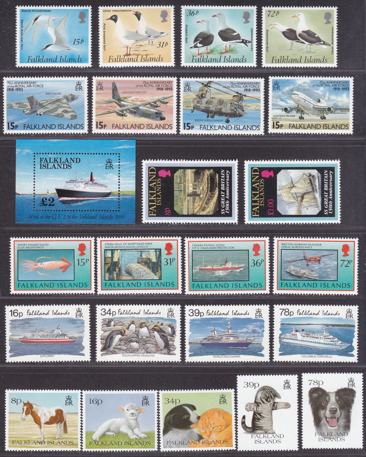 Falkland Islands 1993 QEII Selection Mint incl Gulls, QE2, Tourism, Pets