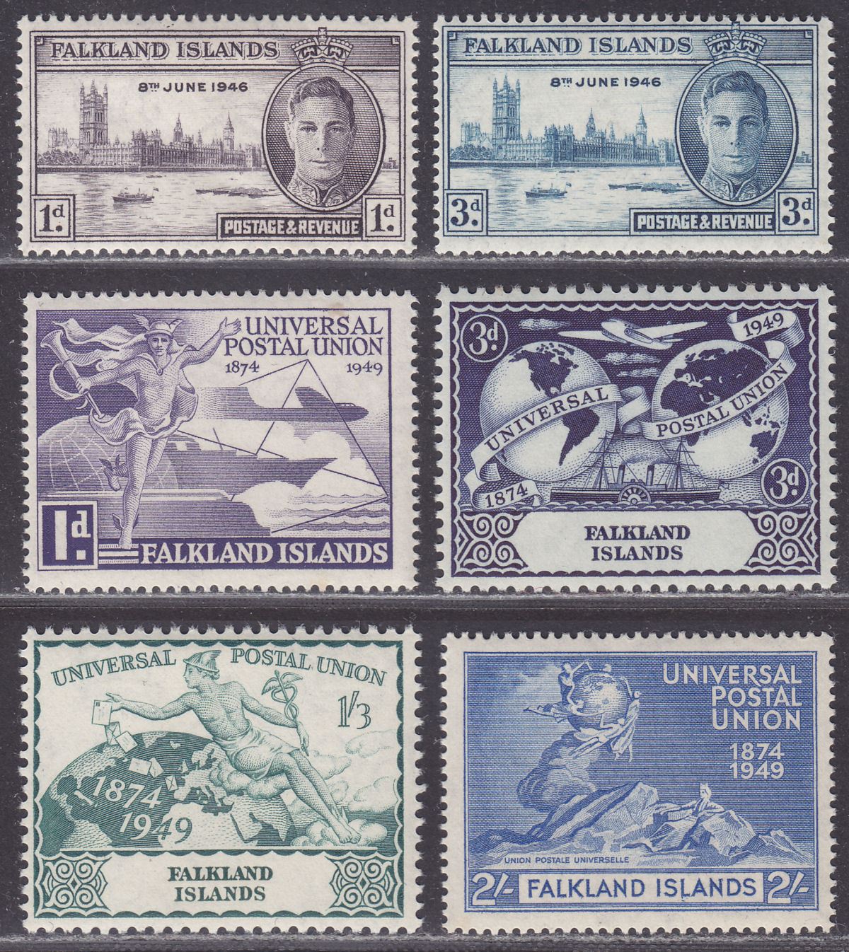 Falkland Islands 1946-49 KGVI Victory 1d, 3d + 75th Anniv of UPU Set Mint