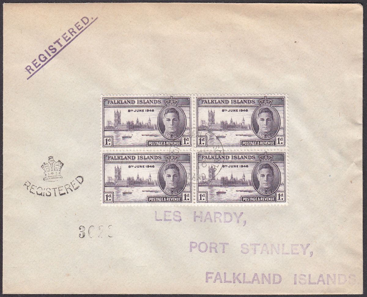 Falkland Islands 1946 KGVI Victory 1d Block Used on Registered First Day Cover