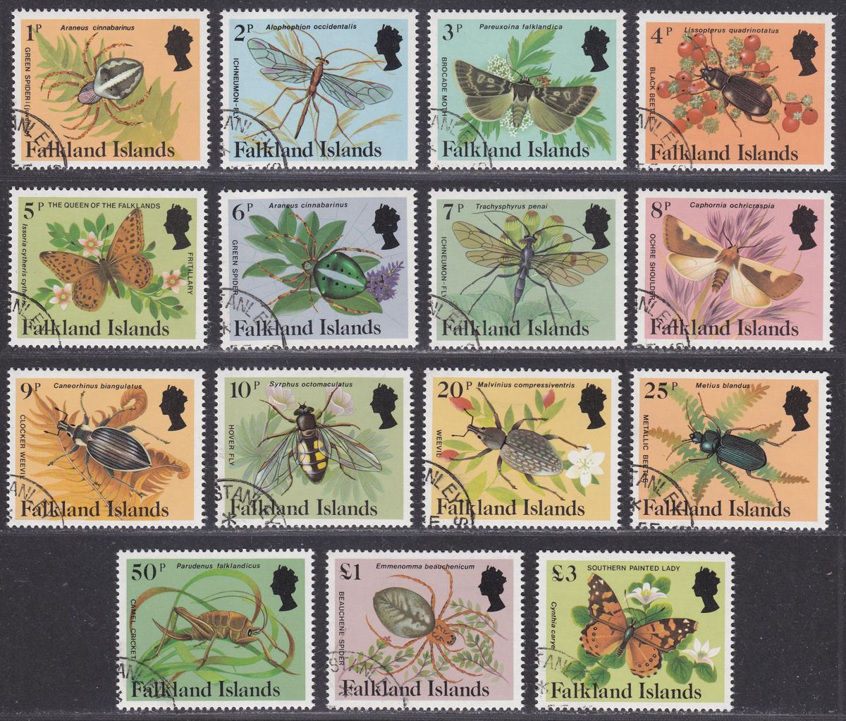Falkland Islands 1984 QEII Insects and Spiders Set Used SG469A-483A cat £18