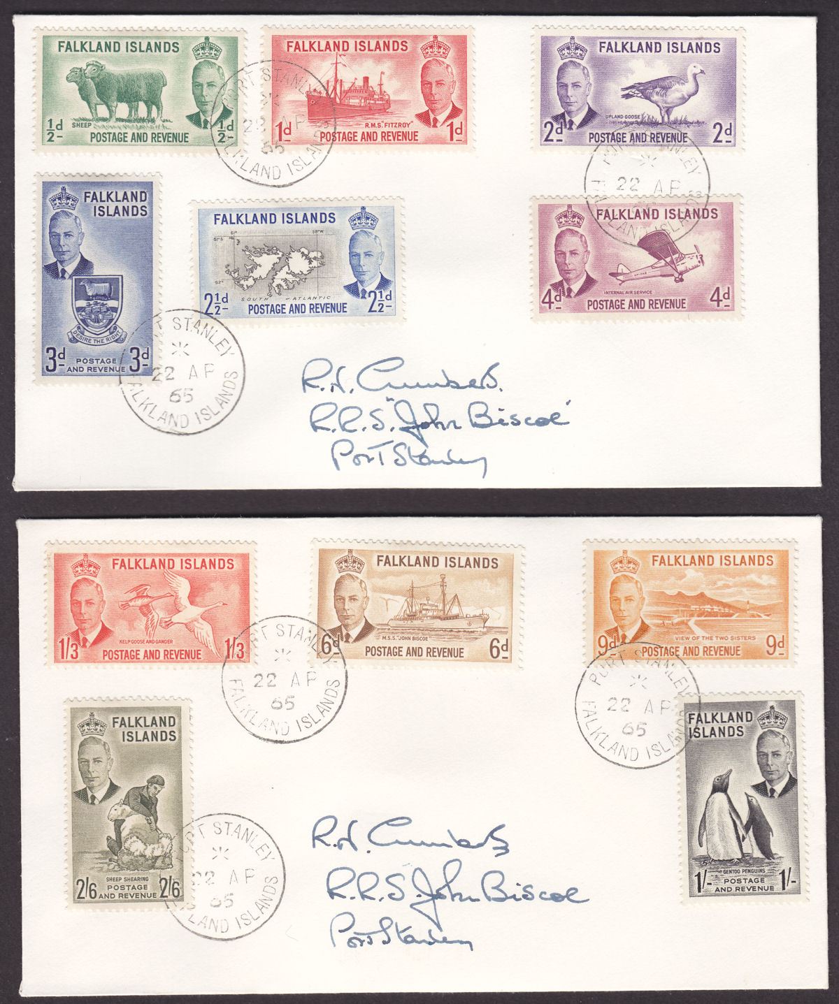 Falkland Islands 1965 KGVI Set to 2sh6d Used on Two Covers - Port Stanley Pmks
