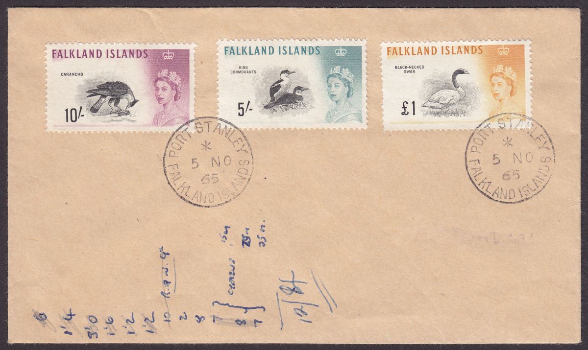 Falkland Islands 1965 QEII Birds 5sh, 10sh, £1 Used on Unaddressed Cover