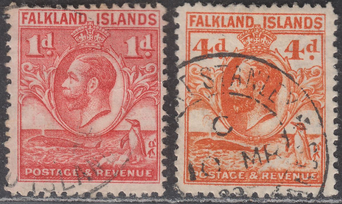 Falkland Islands 1929 KGV Fin Whale and Penguins 1d, 4d Used