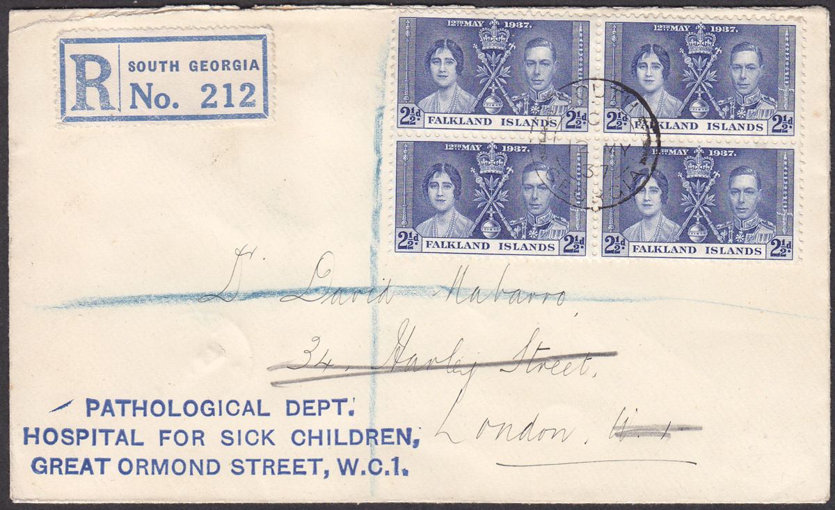Falkland Islands used South Georgia 1937 KGVI 2½d Coronation Reg First Day Cover