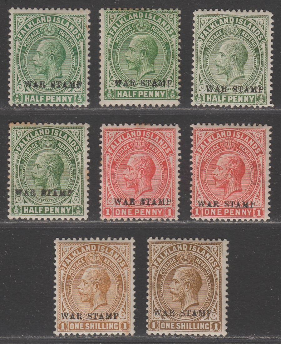Falkland Islands 1918-20 KGV War Tax Overprint Selection to 1sh Mint some tones
