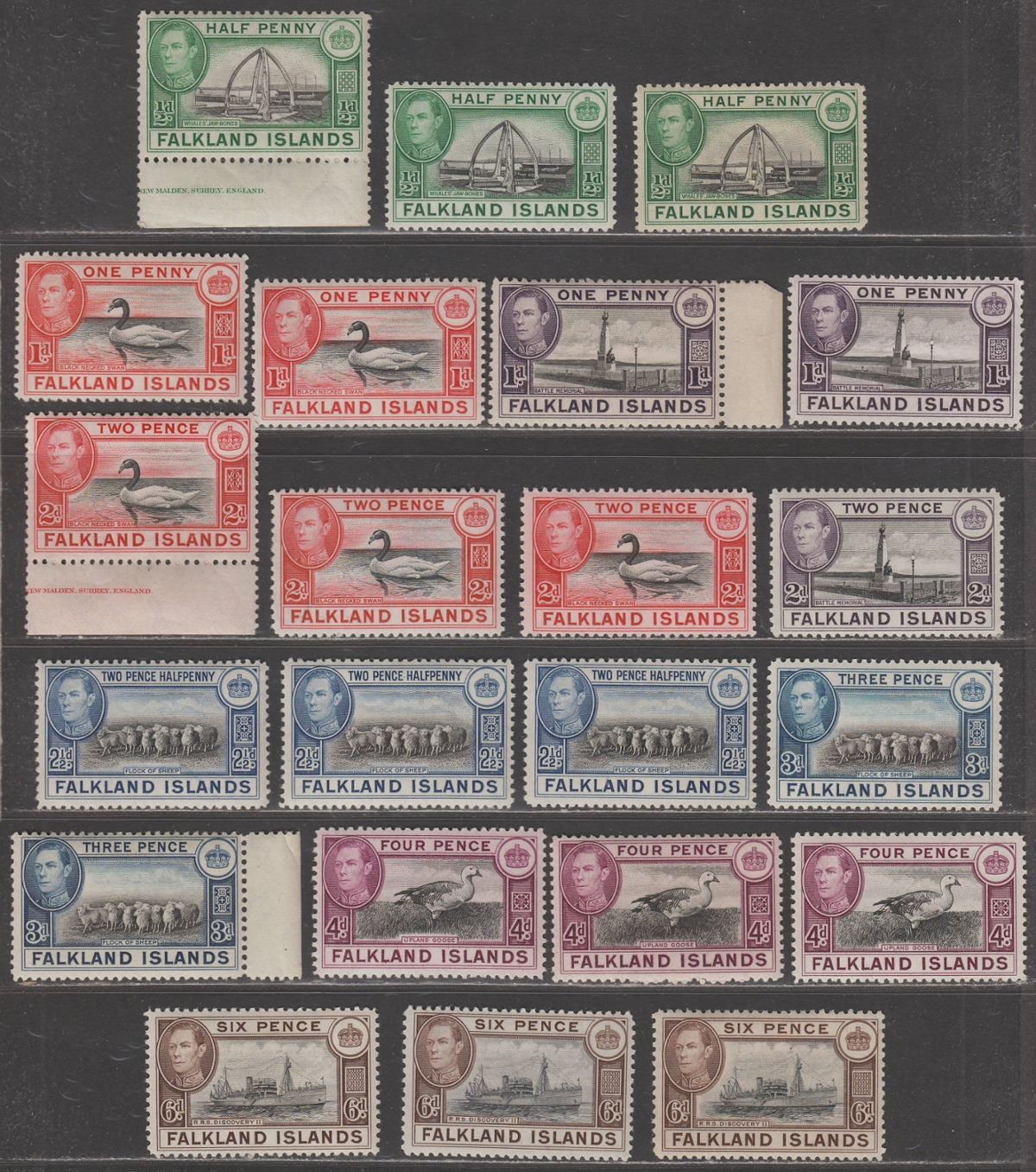 Falkland Islands 1938-50 KGVI Part Set to 6d with shades Mint